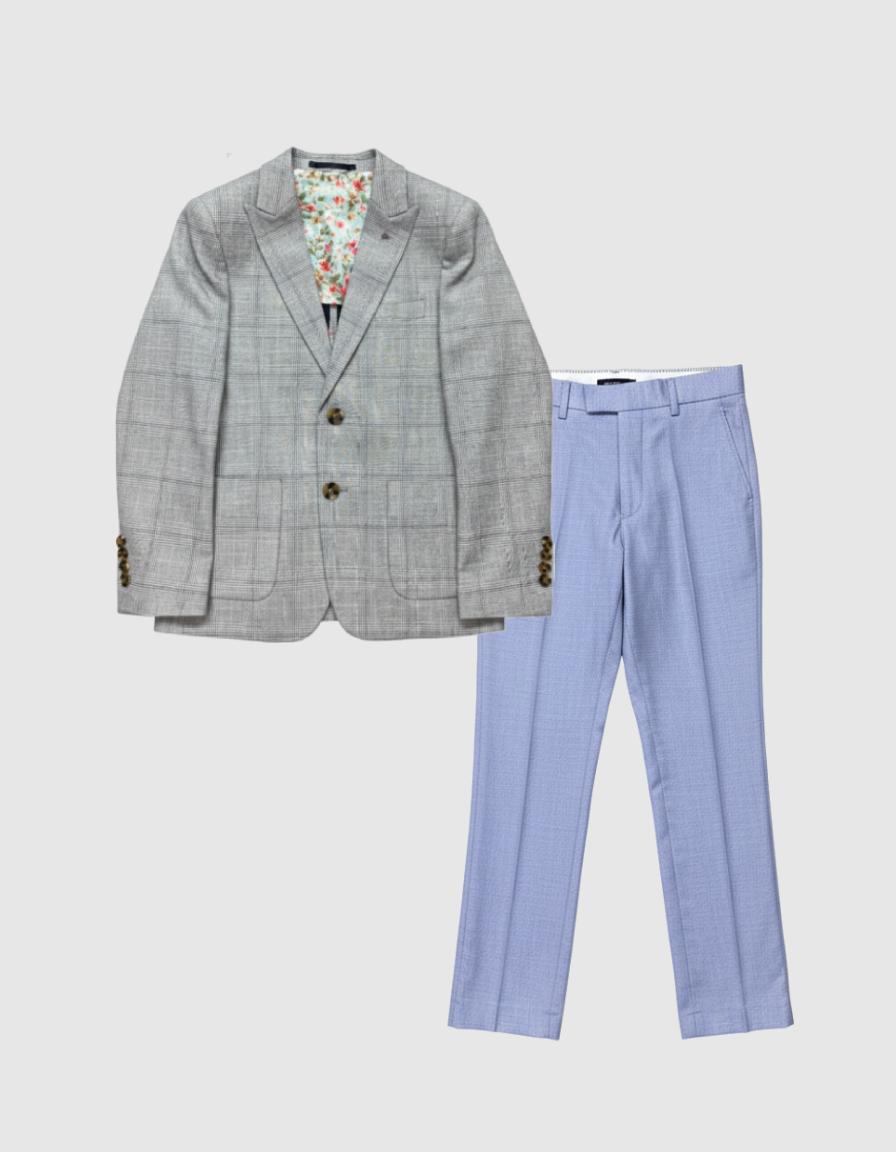 ST2763 - Boy's Gray Plaid 2 Piece Suit w/ Contrast Pants